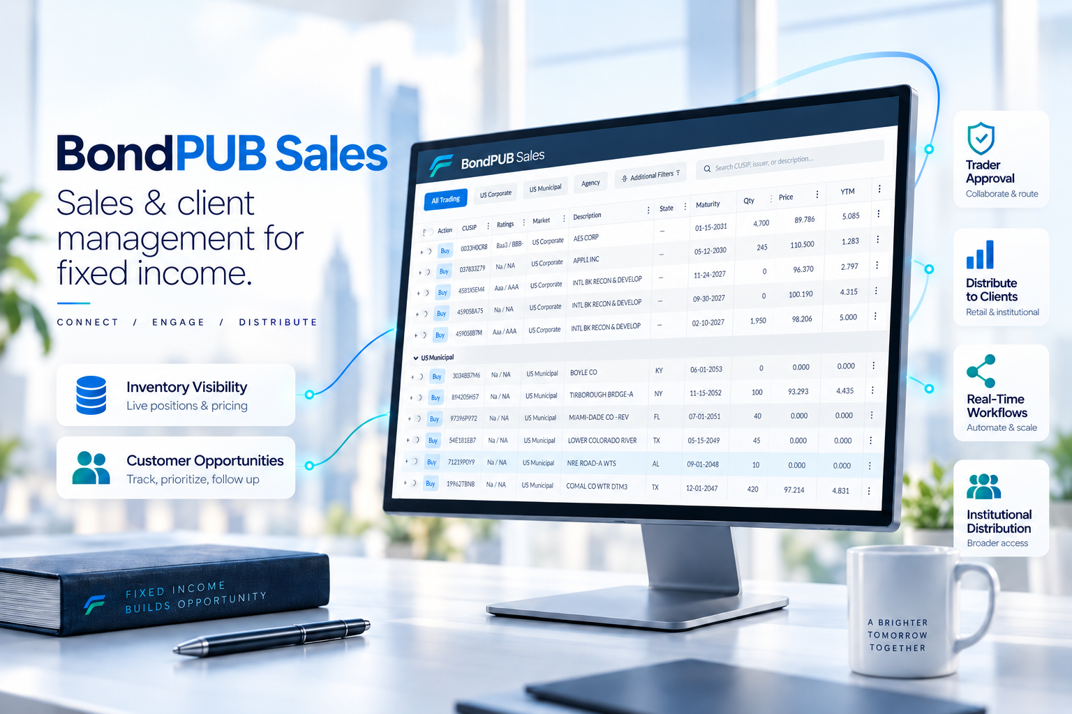 BondPUB Sales interface supporting retail and institutional fixed-income sales workflows.
